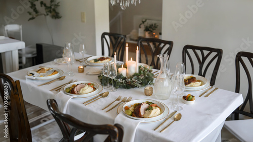 A beautifully set dining table with candles, elegant dinnerware, and festive decor, creating a warm atmosphere for a special meal or celebration.