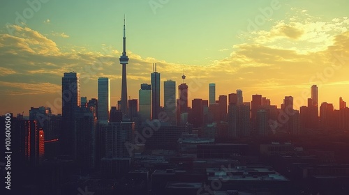 Toronto Skyline at Sunset, showcasing a majestic cityscape with iconic skyscrapers, bathed in golden light. The image captures a sense of urban dynamism, a vibrant city skyline, and the beauty of a se photo