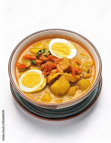 Indonesian Lontong Sayur: Delightful rice cakes in savory coconut milk soup with flavorful vegetables and hard-boiled eggs. A culinary masterpiece!