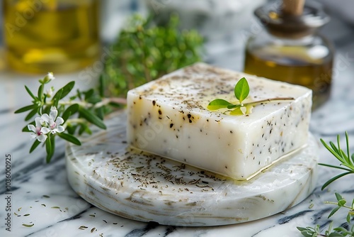 Handmade soap with thyme and olive oil on white marble background