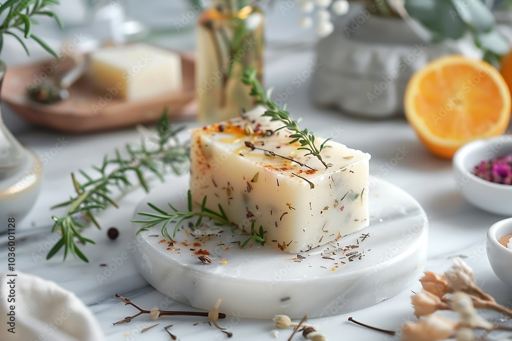 Handmade soap with thyme and olive oil on white marble background