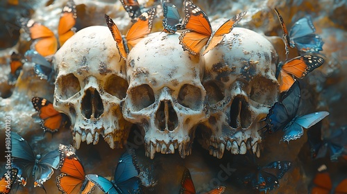 Group of Skulls Adorned with Butterflies.
 photo