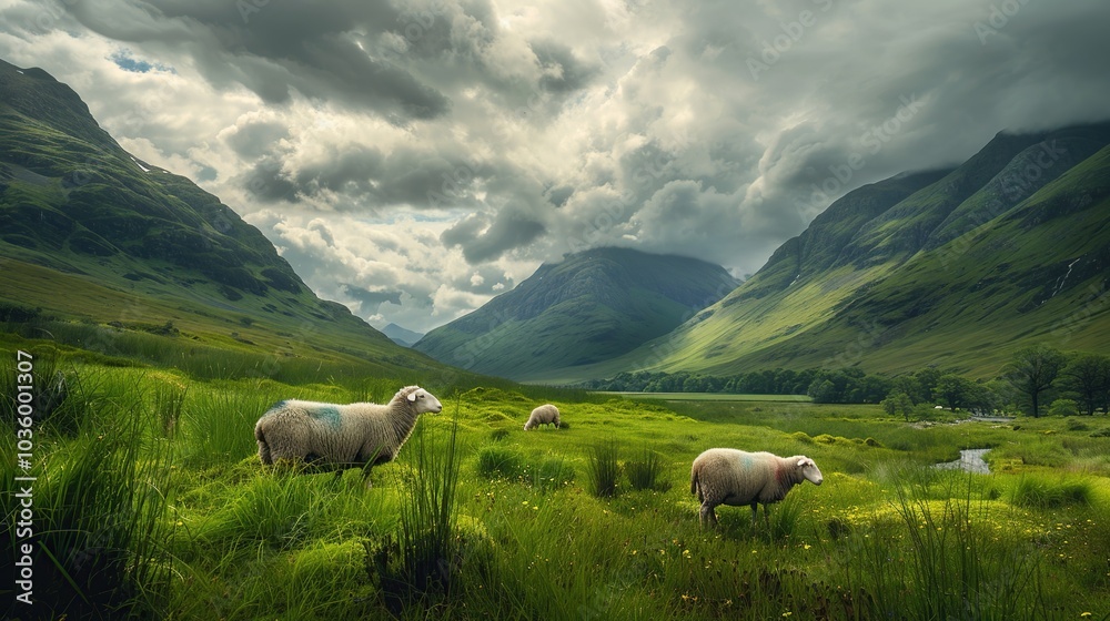 Fototapeta premium Highland landscape with green valleys, grazing sheep, and dramatic skies