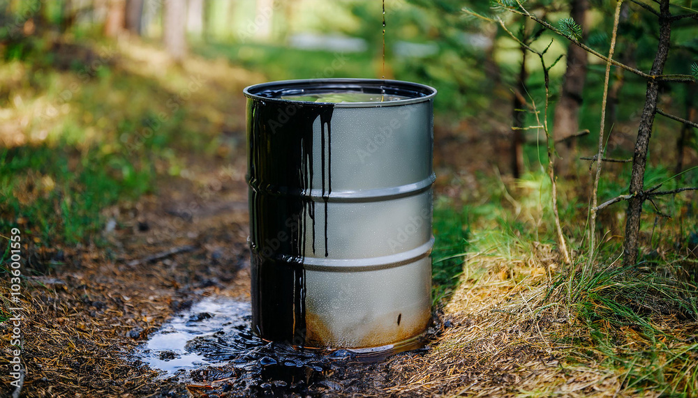 Metal barrel in woods, spilling black toxic liquid. Hazardous waste. Environmental pollution problem Metal barrel in woods, spilling black toxic liquid. Hazardous waste. Environmental pollution problem