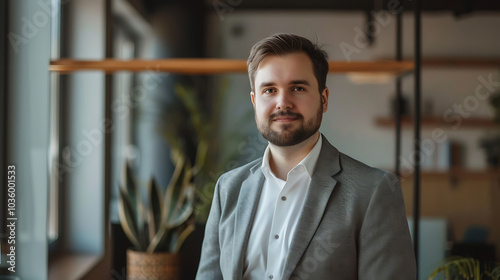 A man in a suit stands in a modern office with a plant in the background.