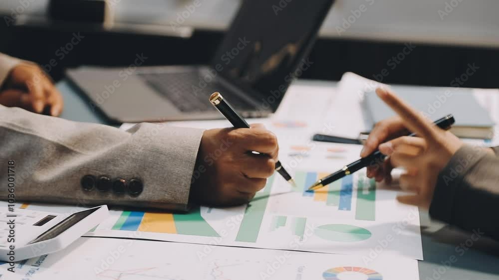 Business team brainstorming planning analyzing and discussing with financial data and report graph. Asian employee Teamwork meeting working concept. Business team brainstorming planning analyzing and discussing with financial data and report graph. Asian employee Teamwork meeting working concept.