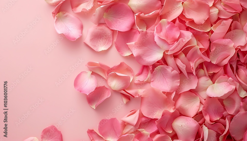 Pink rose petals on pink background. Flat lay, top view Pink rose petals on pink background. Flat lay, top view