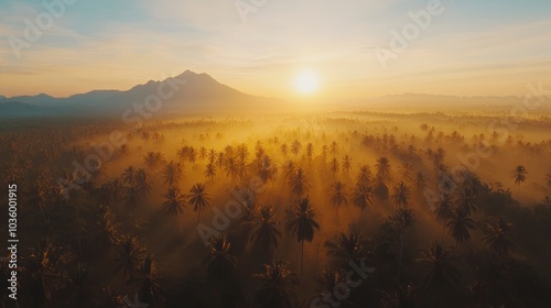 Misty Sunrise Over Palm Trees and Mountains