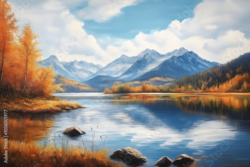 Fototapeta Naklejka Na Ścianę i Meble -  Imagine an oil painting of autumn on a canvas: a mountain lake with mountains in the background.