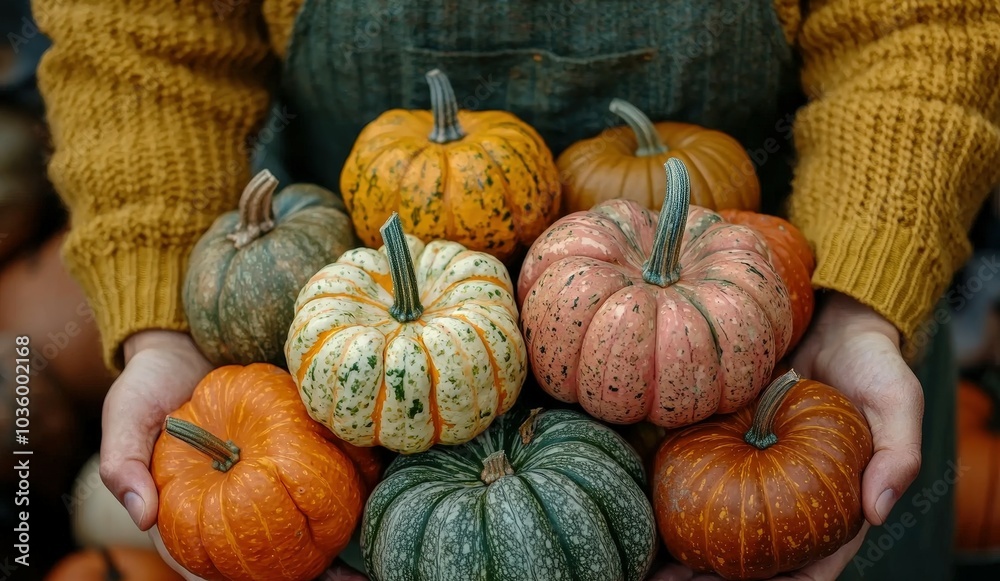 A person showcases an array of vibrant pumpkins of different shapes and colors collected at an autumn farmers market A person showcases an array of vibrant pumpkins of different shapes and colors collected at an autumn farmers market