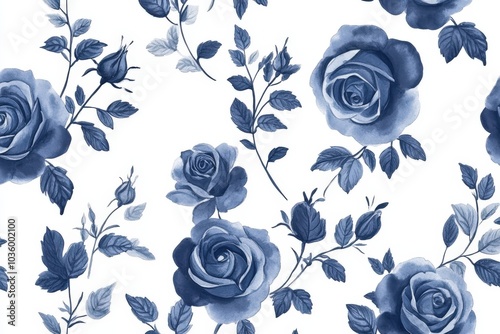Watercolor Blue Roses and Greenery Seamless Pattern