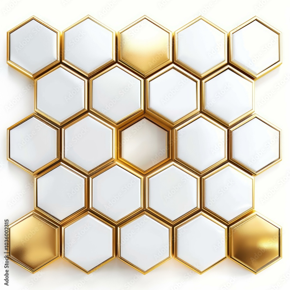 3d rendering of a set of white and gold hexagons forming a honeycomb pattern on a white background 3d rendering of a set of white and gold hexagons forming a honeycomb pattern on a white background