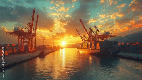 A breathtaking sunset casts a warm glow over a bustling port filled with cranes and cargo containers, illuminating the water and skyline. photo