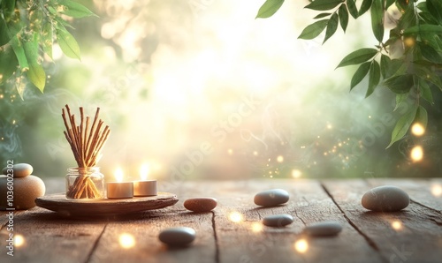 A serene background featuring joss sticks, candlelight, stones, fresh leaves on wood, ideal for meditation, yoga, and well-being activities with copy space image available. photo