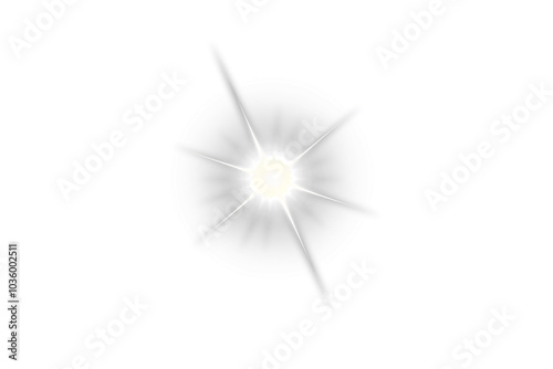 White light flare effect isolated on transparent background. Sparkling lens flare. Glowing starlight PNG. Silver light PNG. Flash light. Shining star. Star burst with sparkles. Spotlight. Glow element