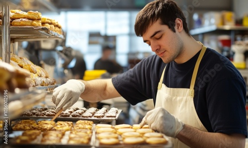 Young man with intellectual disabilities working in a bakery arranging fresh pastries during a daytime shift photo