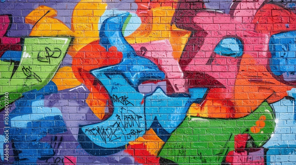 A lively brick wall adorned with vivid graffiti, featuring a mixture of abstract shapes and bright colors in an urban environment A lively brick wall adorned with vivid graffiti, featuring a mixture of abstract shapes and bright colors in an urban environment