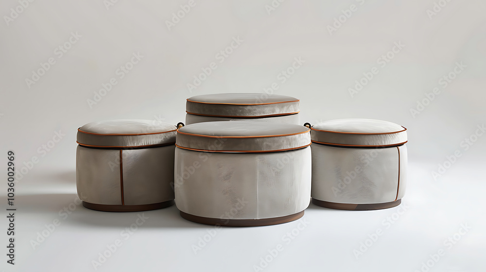 Four round, gray ottomans with brown trim. Four round, gray ottomans with brown trim.
