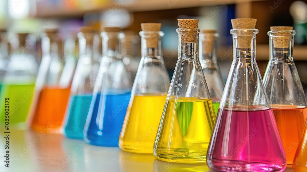 Colorful Chemical Solutions in Erlenmeyer Flasks Colorful Chemical Solutions in Erlenmeyer Flasks