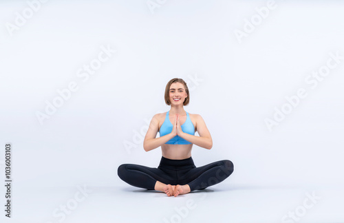 Full body length gaiety shot athletic and sporty woman doing healthy and meditative yoga exercise workout posture on isolated background. Healthy active and body care lifestyle