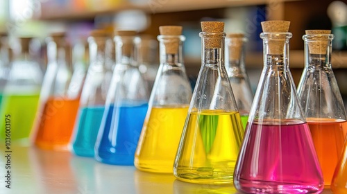 Colorful Chemical Solutions in Erlenmeyer Flasks