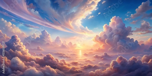 Golden Sunset Above Fluffy Clouds, Digital Painting, Landscape, Cloudscape, Sky ,sunset ,sky