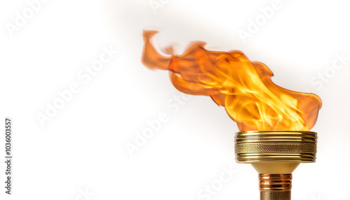 A golden torch emitting bright orange flames on side position provides copy space for text. background concept isolated white photo