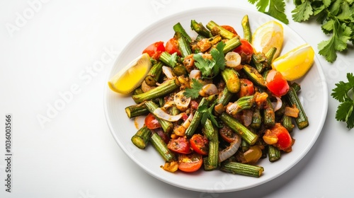 A delightful plate of Indian bhindi masala, stir-fried okra with onions, tomatoes