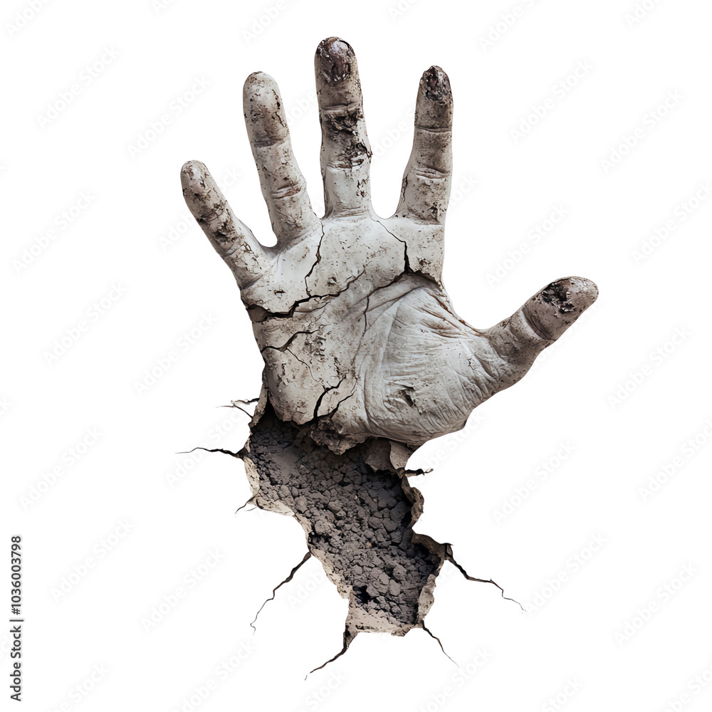 Fototapeta premium Cracked, weathered clay hand breaking through a surface, symbolizing resilience.