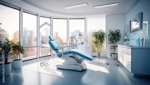 A clean and well-lit dental office with a large window and a potted plant 