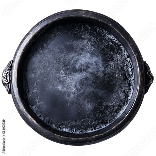 Black cauldron top view, isolated on a white background, showcasing intricate details and texture.