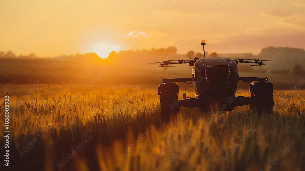 Fototapeta premium A drone sprayer sits in a field of golden wheat at sunset.