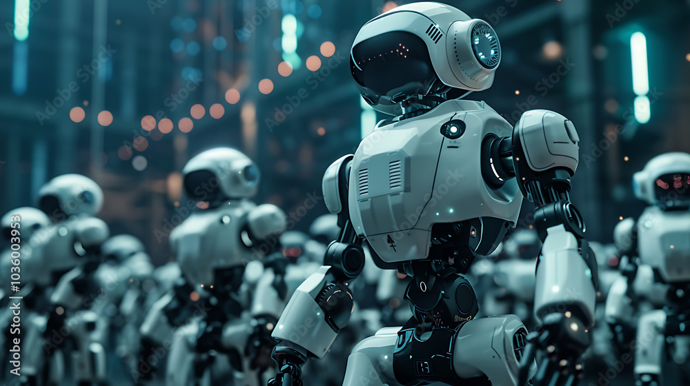 A group of white robots standing in a futuristic city. A group of white robots standing in a futuristic city.