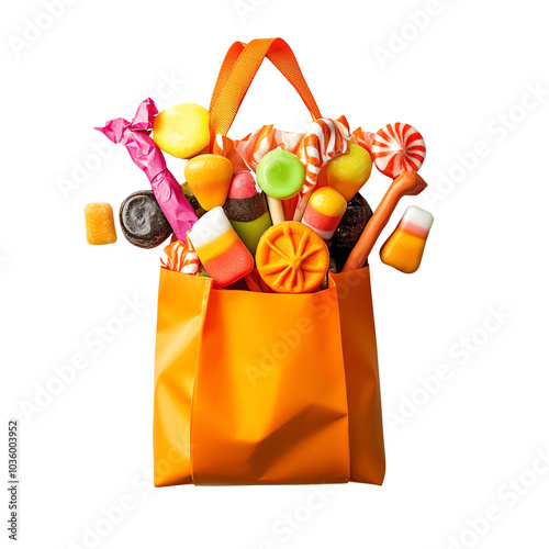 Colorful candy assortment in an orange bag, white isolate background photo