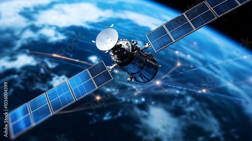 A satellite orbits Earth, showcasing solar panels and communication dishes, representing advanced technology in space exploration.