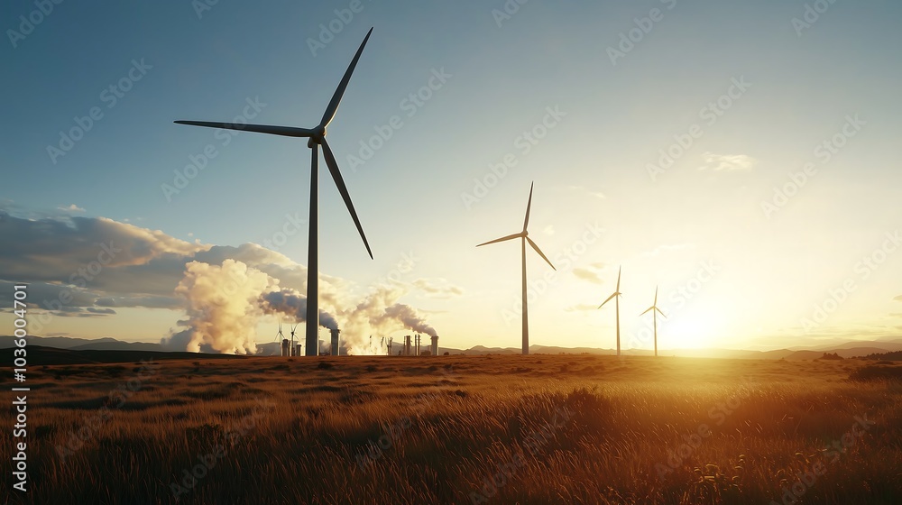 Obraz premium A scenic sunset view featuring wind turbines in the foreground and industrial smoke stacks in the background, symbolizing the contrast between renewable and traditional energy sources.