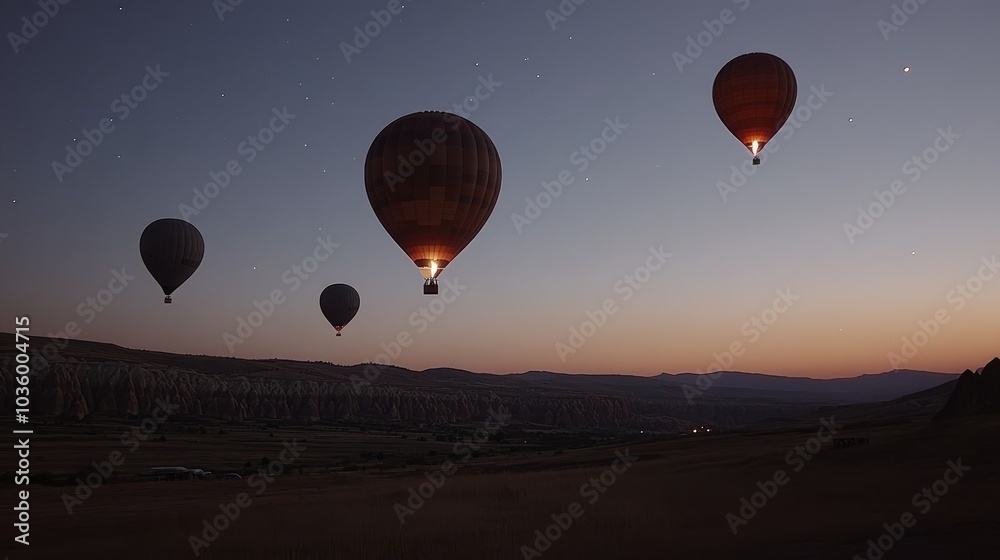 Naklejka premium Hot Air Balloons in Twilight Sky Over Scenic Landscape