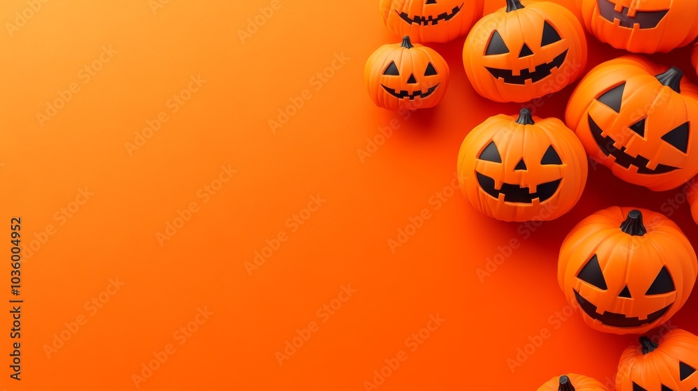 A row of orange pumpkins with black eyes A row of orange pumpkins with black eyes