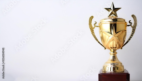 A golden trophy with a star on top on side position provides copy space for text. background concept isolated white