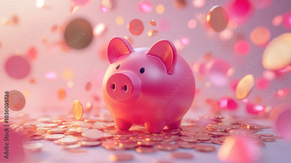 Pink piggy bank surrounded by scattered coins, isolated on a white background with a transparent background. Concept: saving money and financial planning. Suitable for finance, banking, and budgeting Pink piggy bank surrounded by scattered coins, isolated on a white background with a transparent background. Concept: saving money and financial planning. Suitable for finance, banking, and budgeting