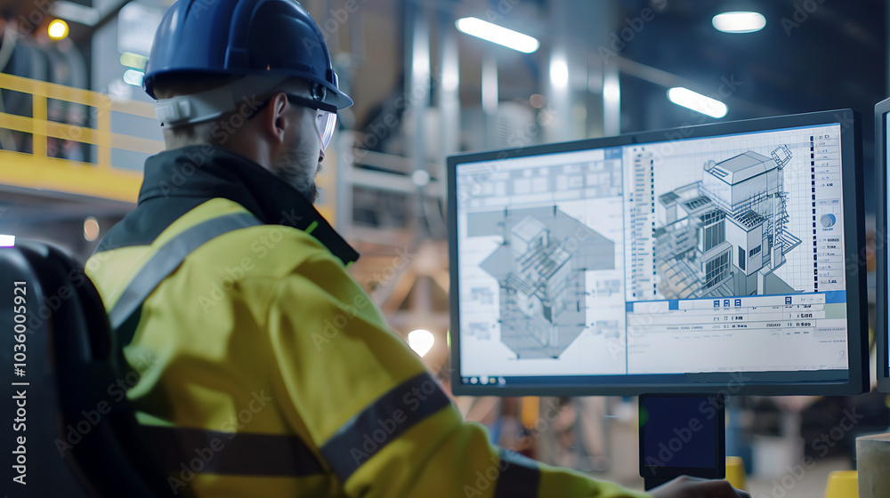 An engineer wearing a hardhat and safety vest looking at a computer screen with blueprints. An engineer wearing a hardhat and safety vest looking at a computer screen with blueprints.