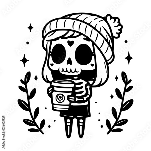 Black-and-white vector illustration of a cute skeleton girl wearing a beanie and holding a coffee cup, surrounded by plants and sparkles, perfect for Halloween or autumn designs.