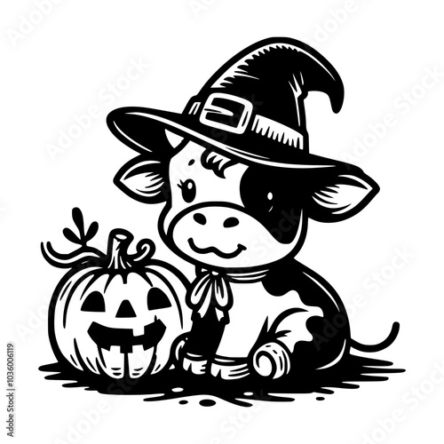 Vector illustration of a cute cow wearing a witch hat, sitting next to a smiling jack-o’-lantern, perfect for Halloween designs and festive decorations.