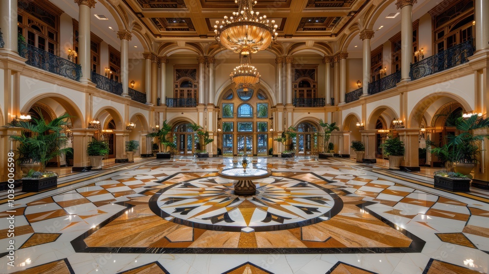 Obraz premium A grand and opulent hotel lobby featuring intricate mosaic flooring, elegant chandeliers, and lush greenery creates a luxurious ambiance for guests