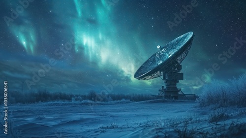 Scenery of big radio telescope in winter field under starry night sky with aurora, astronomy. Large telescope, view from Earth mysteries of space cosmos. Science universe concept. Copy ad text space