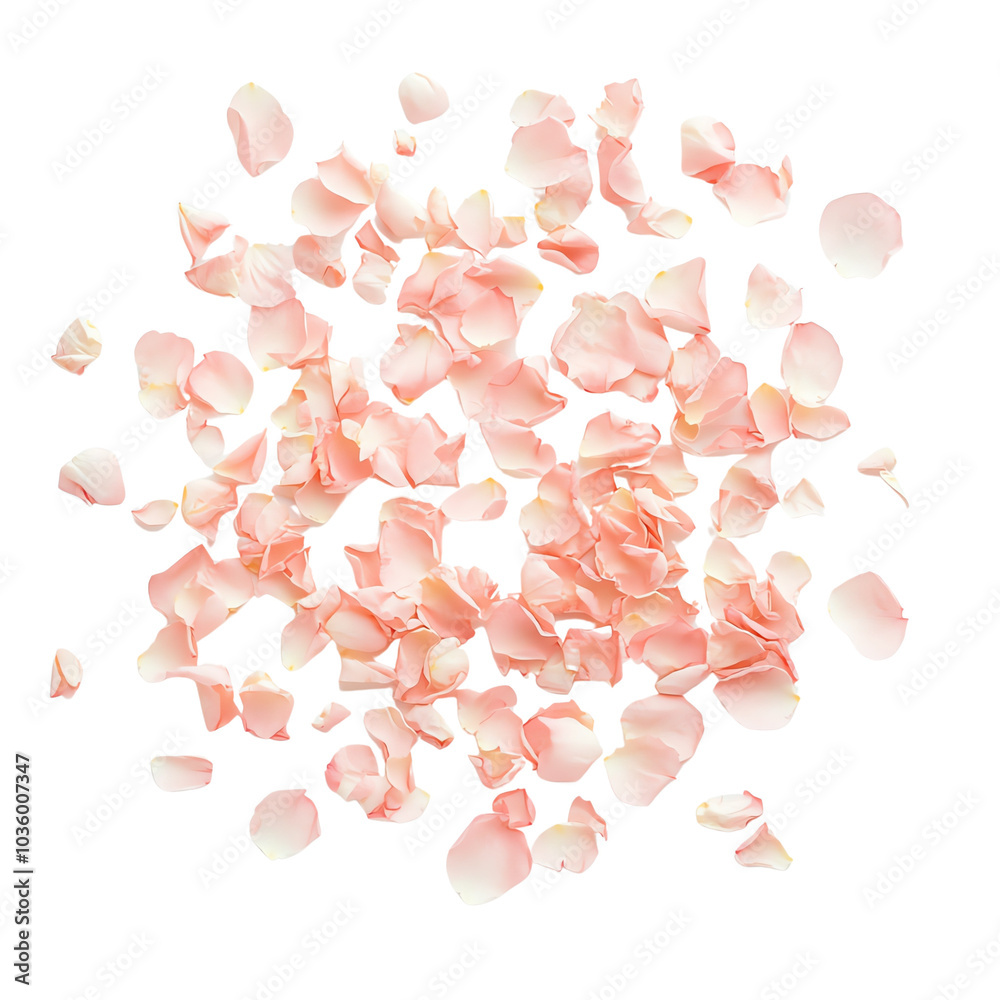 Pink rose petals scattered, white isolated background. Pink rose petals scattered, white isolated background.