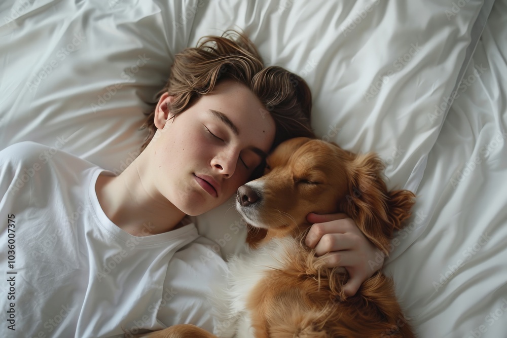 A Young Man and His Dog Sleeping Together in Bed A Young Man and His Dog Sleeping Together in Bed