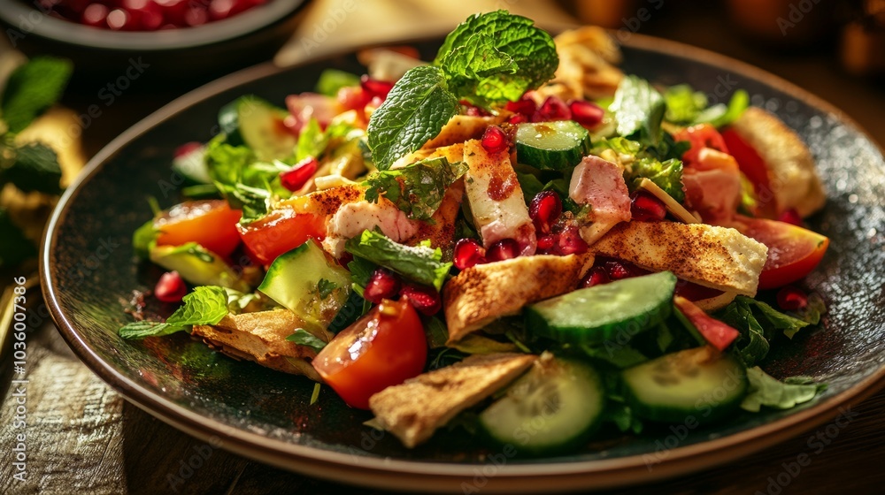 A delightful plate of Lebanese fattoush salad with crispy pita chips, lettuce, tomatoes