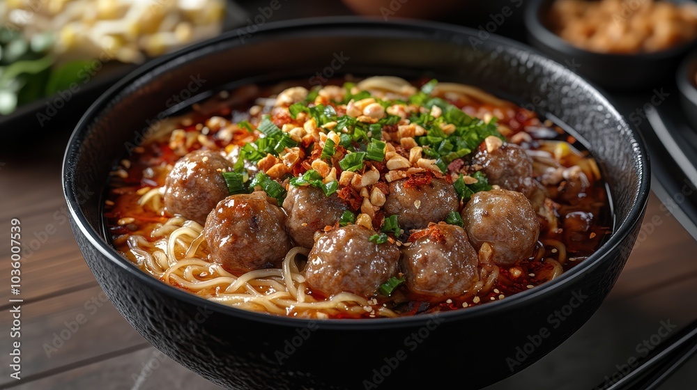 a bowl of Thai-styled dry noodle, mix rice noodle with dressing including soy sauce, ground chilli and fried chopped garlic, topped with pork meatballs, boil sliced pork, beansprout and holy basil a bowl of Thai-styled dry noodle, mix rice noodle with dressing including soy sauce, ground chilli and fried chopped garlic, topped with pork meatballs, boil sliced pork, beansprout and holy basil