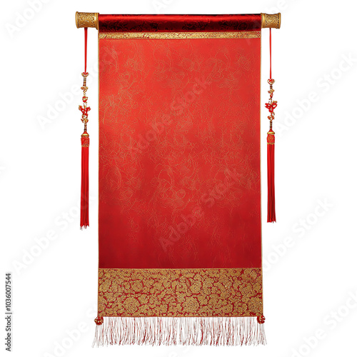 Traditional red Chinese scroll with ornamental details, white isolate background
